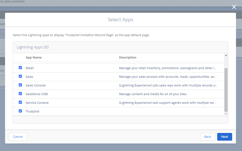 Select all the Apps from the list of Lightning Apps