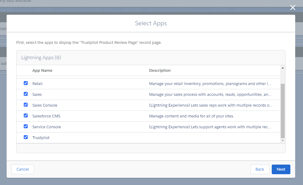 Select all the Apps in the Lightning Apps list