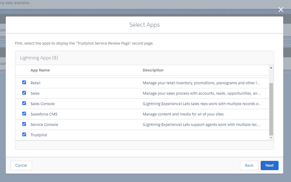 Select all the Apps in the Lightning Apps list